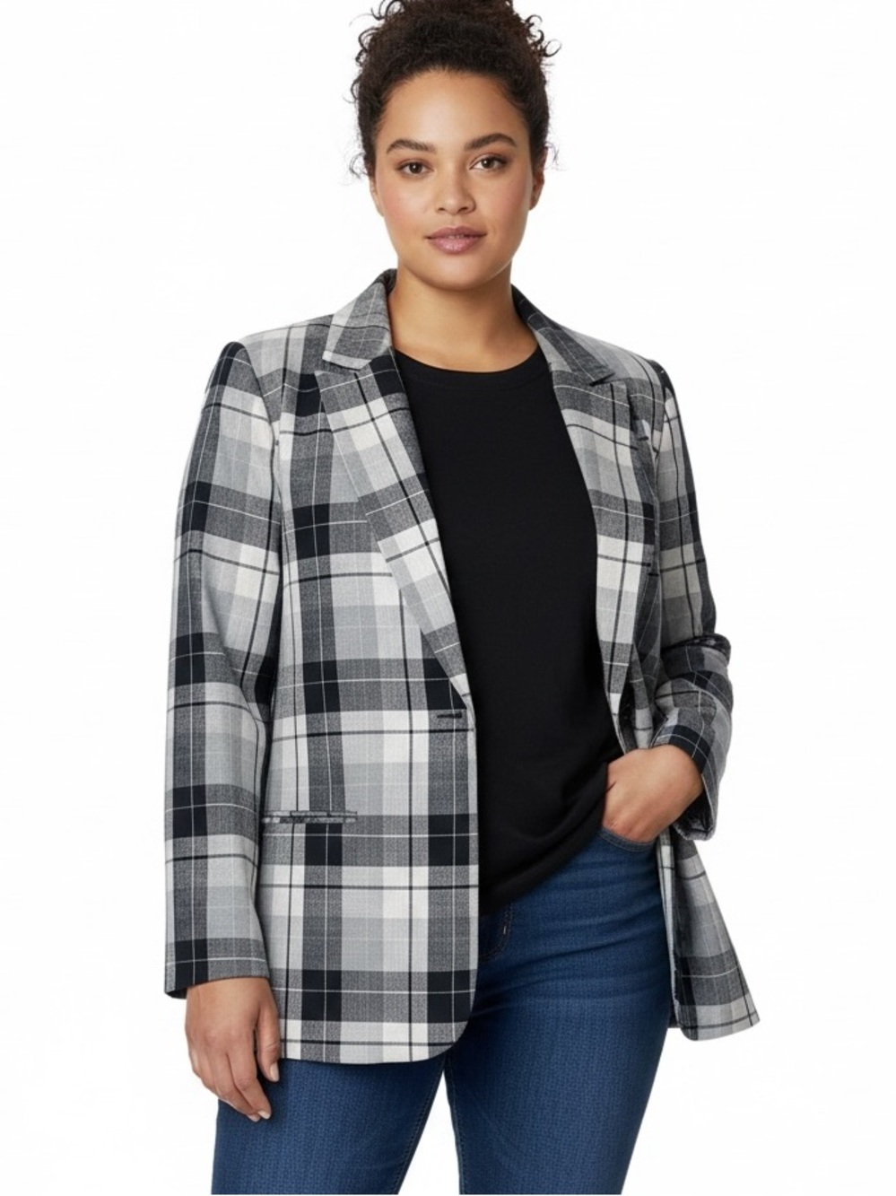 Fashion Bug Black and Gray Plaid Blazer Jacket